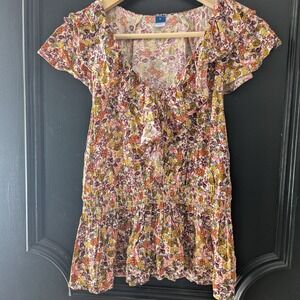 Old Navy Floral Ruffle Peplum Blouse Smocked Waist Flutter Sleeve Multicolor M